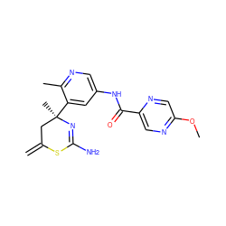 C=C1C[C@@](C)(c2cc(NC(=O)c3cnc(OC)cn3)cnc2C)N=C(N)S1 ZINC000147113247