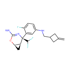 C=C1CC(CNc2ccc(F)c([C@@]3(C(F)F)N=C(N)O[C@@H]4C[C@@H]43)c2)C1 ZINC000220654625