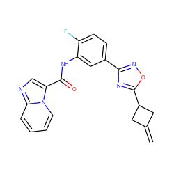 C=C1CC(c2nc(-c3ccc(F)c(NC(=O)c4cnc5ccccn45)c3)no2)C1 ZINC000217877636