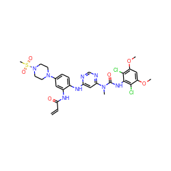 C=CC(=O)Nc1cc(N2CCN(S(C)(=O)=O)CC2)ccc1Nc1cc(N(C)C(=O)Nc2c(Cl)c(OC)cc(OC)c2Cl)ncn1 ZINC001772642712