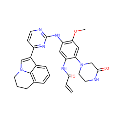 C=CC(=O)Nc1cc(Nc2nccc(-c3cn4c5c(cccc35)CCC4)n2)c(OC)cc1N1CCNC(=O)C1 ZINC001772600106