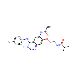 C=CC(=O)Nc1cc2c(Nc3ccc(Br)cc3F)ncnc2cc1OCCNC(=O)C(C)C ZINC000137904833