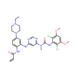 C=CC(=O)Nc1ccc(N2CCN(CC)CC2)cc1Nc1cc(N(C)C(=O)Nc2c(Cl)c(OC)cc(OC)c2Cl)ncn1 ZINC001772649536