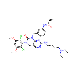 C=CC(=O)Nc1cccc(CN2C(=O)N(c3c(Cl)c(OC)cc(OC)c3Cl)Cc3cnc(NCCCCN(CC)CC)nc32)c1 ZINC000095564544