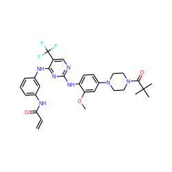 C=CC(=O)Nc1cccc(Nc2nc(Nc3ccc(N4CCN(C(=O)C(C)(C)C)CC4)cc3OC)ncc2C(F)(F)F)c1 ZINC000144418763