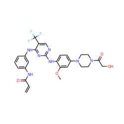 C=CC(=O)Nc1cccc(Nc2nc(Nc3ccc(N4CCN(C(=O)CO)CC4)cc3OC)ncc2C(F)(F)F)c1 ZINC000145111441