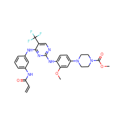 C=CC(=O)Nc1cccc(Nc2nc(Nc3ccc(N4CCN(C(=O)OC)CC4)cc3OC)ncc2C(F)(F)F)c1 ZINC000145994635