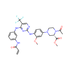 C=CC(=O)Nc1cccc(Nc2nc(Nc3ccc(N4CCN(C(C)=O)[C@H](C(=O)OC)C4)cc3OC)ncc2C(F)(F)F)c1 ZINC000141352402