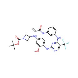 C=CC(=O)Nc1cccc(Nc2nc(Nc3ccc(NC4CN(C(=O)OC(C)(C)C)C4)cc3OC)ncc2C(F)(F)F)c1 ZINC000145025992