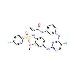 C=CC(=O)Nc1cccc(Nc2nc(Nc3ccc(NS(=O)(=O)c4ccc(F)cc4)c(OC)c3)ncc2Cl)c1 ZINC001772625580