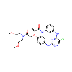 C=CC(=O)Nc1cccc(Nc2nc(Nc3ccc(OCC(=O)N(CCOC)CCOC)cc3)ncc2Cl)c1 ZINC001772634684