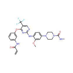 C=CC(=O)Nc1cccc(Oc2nc(Nc3ccc(N4CCN(C(=O)NC)CC4)cc3OC)ncc2C(F)(F)F)c1 ZINC000146302643