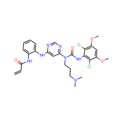 C=CC(=O)Nc1ccccc1Nc1cc(N(CCCN(C)C)C(=O)Nc2c(Cl)c(OC)cc(OC)c2Cl)ncn1 ZINC001772611666