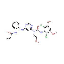 C=CC(=O)Nc1ccccc1Nc1cc(N(CCOC)C(=O)Nc2c(Cl)c(OC)cc(OC)c2Cl)ncn1 ZINC001772657558