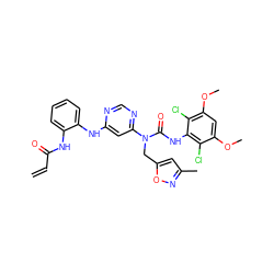 C=CC(=O)Nc1ccccc1Nc1cc(N(Cc2cc(C)no2)C(=O)Nc2c(Cl)c(OC)cc(OC)c2Cl)ncn1 ZINC001772586991