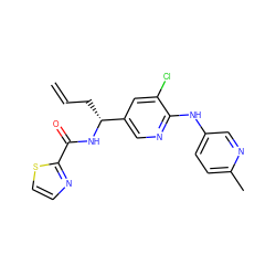 C=CC[C@@H](NC(=O)c1nccs1)c1cnc(Nc2ccc(C)nc2)c(Cl)c1 ZINC000473109522
