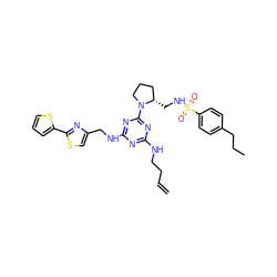 C=CCCNc1nc(NCc2csc(-c3cccs3)n2)nc(N2CCC[C@@H]2CNS(=O)(=O)c2ccc(CCC)cc2)n1 ZINC000095552862