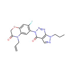 C=CCN1C(=O)COc2cc(F)c(-n3nnc4c(cnn4CCC)c3=O)cc21 ZINC000098082348