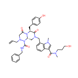 C=CCN1CC(=O)N2[C@@H](Cc3ccc(O)cc3)C(=O)N(Cc3cccc4c(C(=O)N(C)CCCO)cn(C)c34)C[C@@H]2N1C(=O)NCc1ccccc1 ZINC000217543621