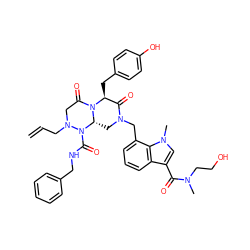 C=CCN1CC(=O)N2[C@@H](Cc3ccc(O)cc3)C(=O)N(Cc3cccc4c(C(=O)N(C)CCO)cn(C)c34)C[C@@H]2N1C(=O)NCc1ccccc1 ZINC000217577743