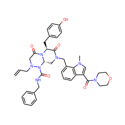 C=CCN1CC(=O)N2[C@@H](Cc3ccc(O)cc3)C(=O)N(Cc3cccc4c(C(=O)N5CCOCC5)cn(C)c34)C[C@@H]2N1C(=O)NCc1ccccc1 ZINC000217554855