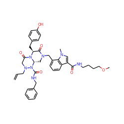 C=CCN1CC(=O)N2[C@@H](Cc3ccc(O)cc3)C(=O)N(Cc3cccc4c(C(=O)NCCCCOC)cn(C)c34)C[C@@H]2N1C(=O)NCc1ccccc1 ZINC000217578331