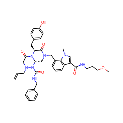 C=CCN1CC(=O)N2[C@@H](Cc3ccc(O)cc3)C(=O)N(Cc3cccc4c(C(=O)NCCCOC)cn(C)c34)C[C@@H]2N1C(=O)NCc1ccccc1 ZINC000217573531