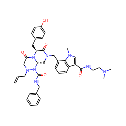 C=CCN1CC(=O)N2[C@@H](Cc3ccc(O)cc3)C(=O)N(Cc3cccc4c(C(=O)NCCN(C)C)cn(C)c34)C[C@@H]2N1C(=O)NCc1ccccc1 ZINC000217573753