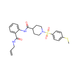 C=CCNC(=O)c1ccccc1NC(=O)C1CCN(S(=O)(=O)c2ccc(SC)cc2)CC1 ZINC000009094990