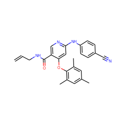 C=CCNC(=O)c1cnc(Nc2ccc(C#N)cc2)cc1Oc1c(C)cc(C)cc1C ZINC000299829243