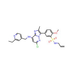 C=CCNS(=O)(=O)c1cc(-c2c(C)nc3c(NCc4ccnc(CC)c4)cc(Cl)nn23)ccc1OC ZINC001772593218