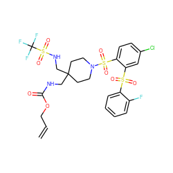 C=CCOC(=O)NCC1(CNS(=O)(=O)C(F)(F)F)CCN(S(=O)(=O)c2ccc(Cl)cc2S(=O)(=O)c2ccccc2F)CC1 ZINC000049756984