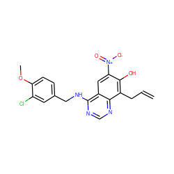 C=CCc1c(O)c([N+](=O)[O-])cc2c(NCc3ccc(OC)c(Cl)c3)ncnc12 ZINC000040406983