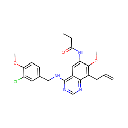 C=CCc1c(OC)c(NC(=O)CC)cc2c(NCc3ccc(OC)c(Cl)c3)ncnc12 ZINC000042879105