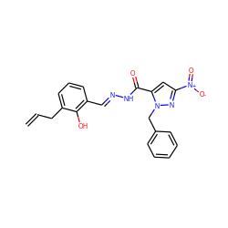 C=CCc1cccc(/C=N/NC(=O)c2cc([N+](=O)[O-])nn2Cc2ccccc2)c1O ZINC000000667830