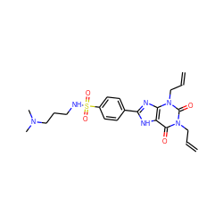 C=CCn1c(=O)c2[nH]c(-c3ccc(S(=O)(=O)NCCCN(C)C)cc3)nc2n(CC=C)c1=O ZINC000001537486