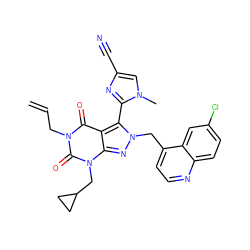 C=CCn1c(=O)c2c(-c3nc(C#N)cn3C)n(Cc3ccnc4ccc(Cl)cc34)nc2n(CC2CC2)c1=O ZINC000084741913