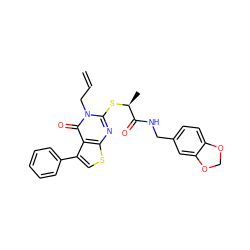 C=CCn1c(S[C@@H](C)C(=O)NCc2ccc3c(c2)OCO3)nc2scc(-c3ccccc3)c2c1=O ZINC000002616795