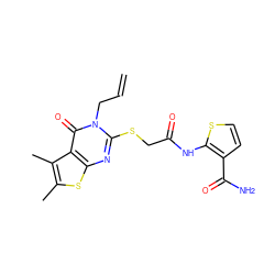 C=CCn1c(SCC(=O)Nc2sccc2C(N)=O)nc2sc(C)c(C)c2c1=O ZINC000003470462