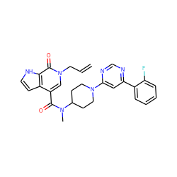 C=CCn1cc(C(=O)N(C)C2CCN(c3cc(-c4ccccc4F)ncn3)CC2)c2cc[nH]c2c1=O ZINC001772640587