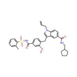 C=CCn1cc(Cc2ccc(C(=O)NS(=O)(=O)c3ccccc3C)cc2OC)c2cc(C(=O)NCC3CCCC3)ccc21 ZINC000027329081