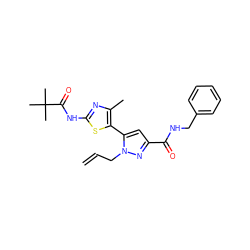 C=CCn1nc(C(=O)NCc2ccccc2)cc1-c1sc(NC(=O)C(C)(C)C)nc1C ZINC000049784369