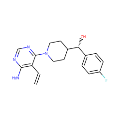 C=Cc1c(N)ncnc1N1CCC([C@H](O)c2ccc(F)cc2)CC1 ZINC000219318716