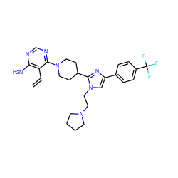 C=Cc1c(N)ncnc1N1CCC(c2nc(-c3ccc(C(F)(F)F)cc3)cn2CCN2CCCC2)CC1 ZINC000219775962