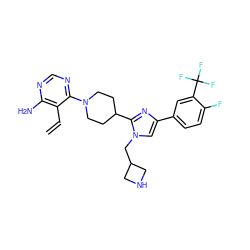 C=Cc1c(N)ncnc1N1CCC(c2nc(-c3ccc(F)c(C(F)(F)F)c3)cn2CC2CNC2)CC1 ZINC000219775327