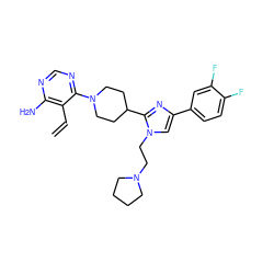 C=Cc1c(N)ncnc1N1CCC(c2nc(-c3ccc(F)c(F)c3)cn2CCN2CCCC2)CC1 ZINC000219780193