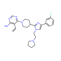 C=Cc1c(N)ncnc1N1CCC(c2nc(-c3cccc(F)c3)cn2CCN2CCCC2)CC1 ZINC000219742257