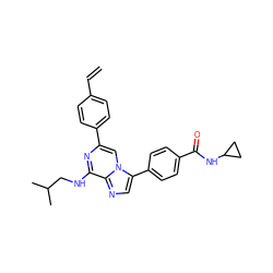 C=Cc1ccc(-c2cn3c(-c4ccc(C(=O)NC5CC5)cc4)cnc3c(NCC(C)C)n2)cc1 ZINC000169260284