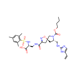 C=Cc1cnc(NC[C@@H]2C[C@]3(CC(C(=O)NC[C@H](NS(=O)(=O)c4c(C)cc(C)cc4C)C(=O)O)=NO3)CN2C(=O)OCCCC)[nH]1 ZINC000299835853