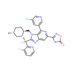 C[C@@](F)(c1ncccc1F)c1nc2cc(-c3noc(=O)[nH]3)nc(-c3cncc(Cl)c3)c2n1C[C@H]1CC[C@H](C)CC1 ZINC000261138896